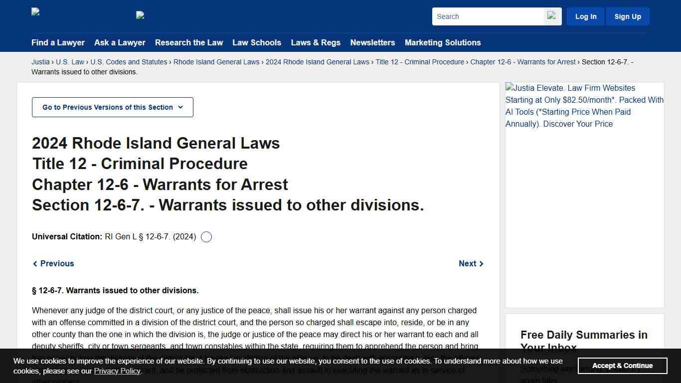 General Laws of Rhode Island Section 12-6-7. (2024) - Warrants issued to other divisions. :: 2024 Rhode Island General Laws :: U.S. Codes and Statutes :: U.S. Law :: Justia