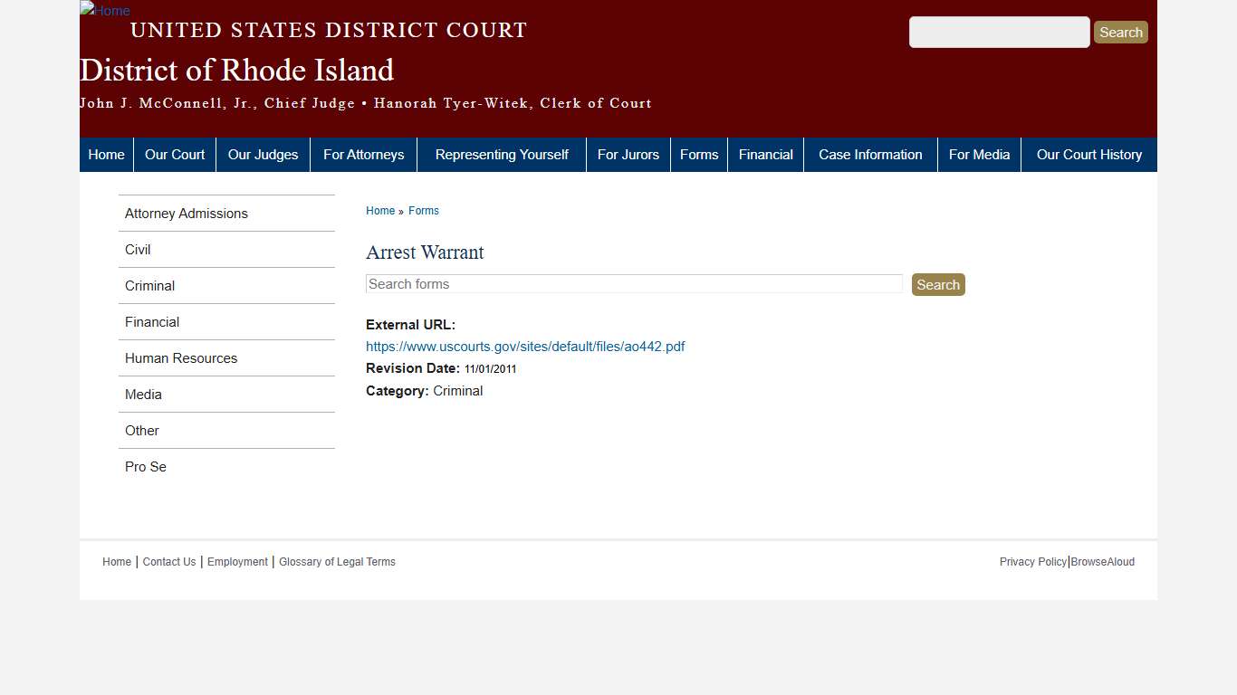 Arrest Warrant | District of Rhode Island | United States District Court