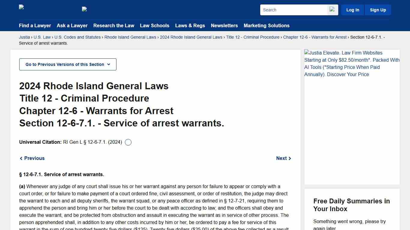General Laws of Rhode Island Section 12-6-7.1. (2024) - Service of arrest warrants. :: 2024 Rhode Island General Laws :: U.S. Codes and Statutes :: U.S. Law :: Justia